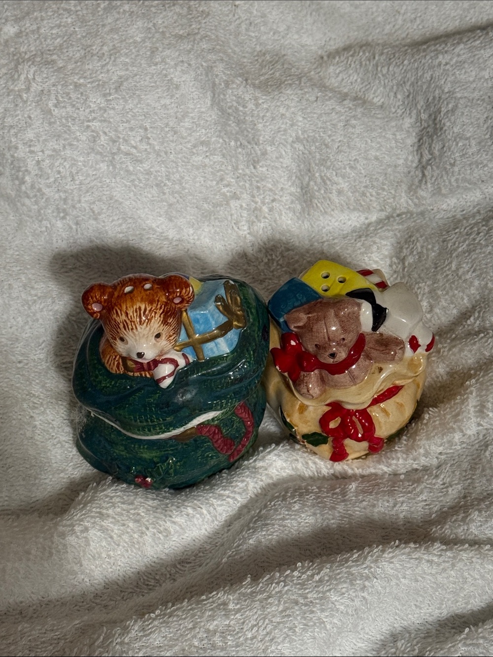 Ceramic Teddy Bear Ornament Set - Green, Cream and Red Accents
